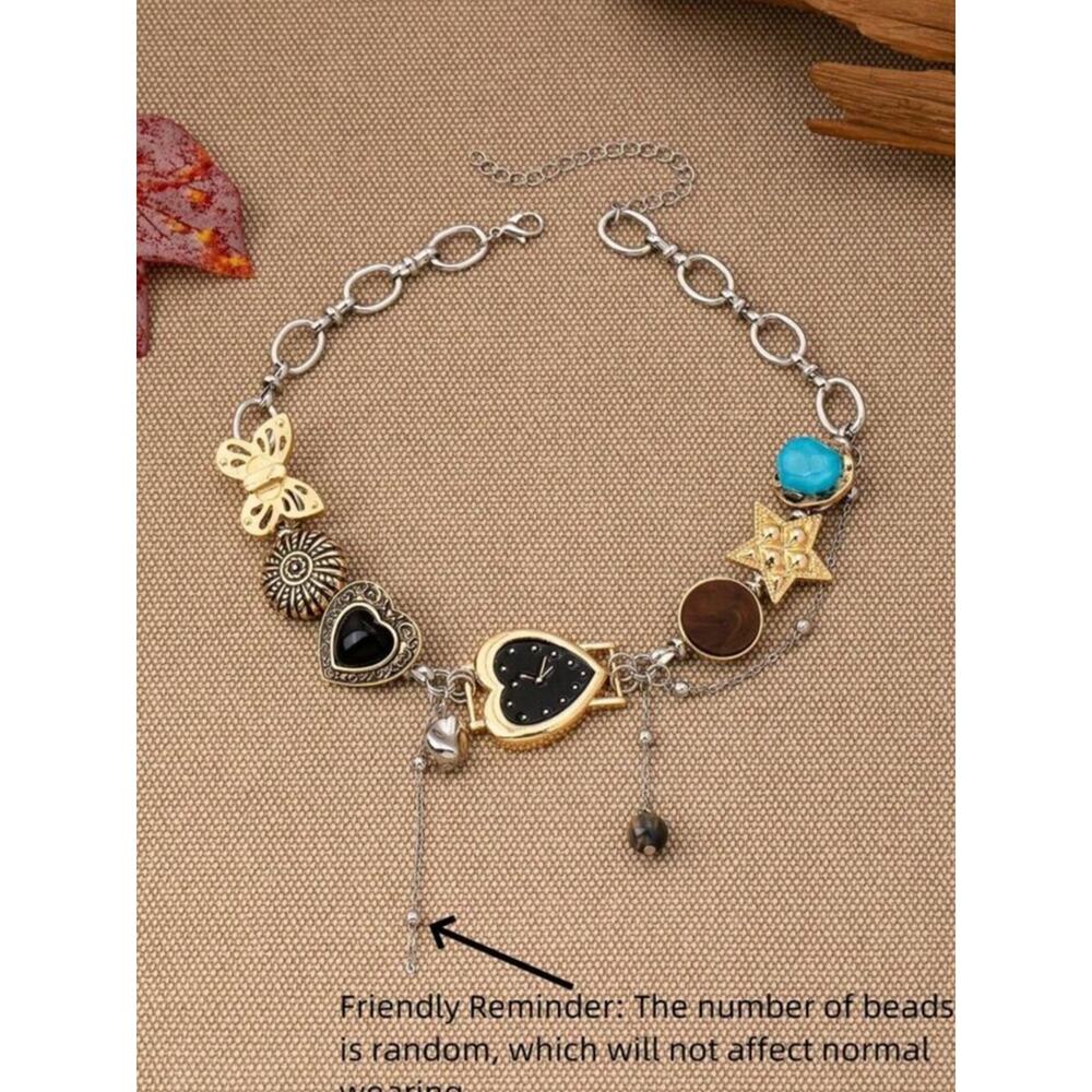 Black Heart Watch Charm Necklace Gold Silver Chunky Y2K Choker - Picture 6 of 6